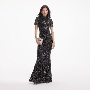 Self portrait, black Sqaure rhinestone mesh maxi dress